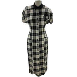 Vintage NICA PICCALINO Dress *size 8 Plaid Button Front Shoulder Pads Midcalf